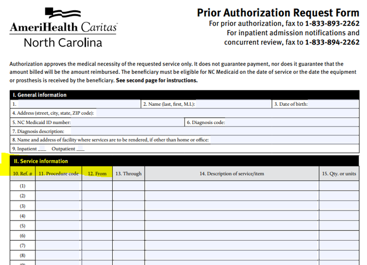 Service Information section of the prior authorization request form
