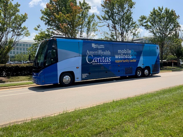 Picture of bus that serves as the AmeriHealth Caritas North Carolina Mobile Wellness & Opportunity Center